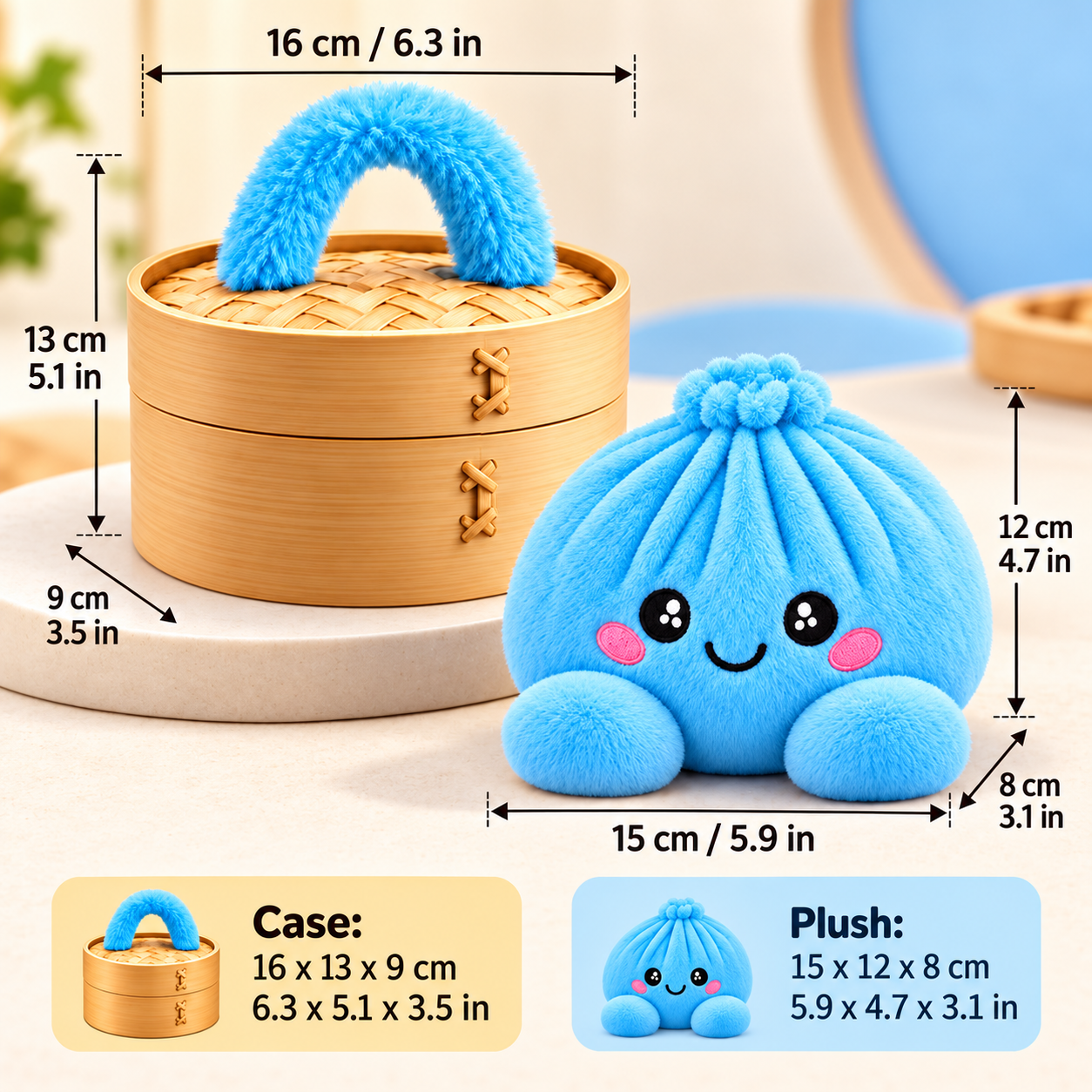 Mystery dumpling plush and case dimensions